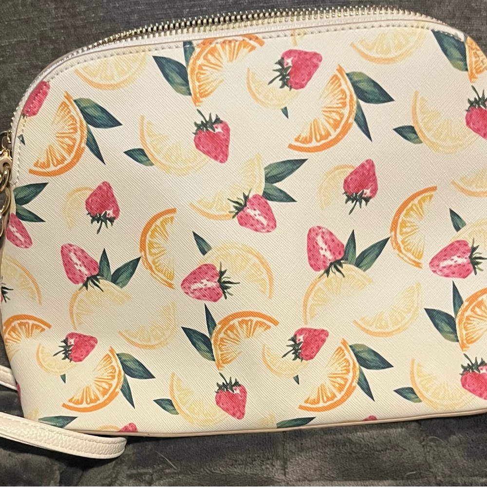 Nanette Lepore Cream Crossbody Bag with Strawberry and Orange Design